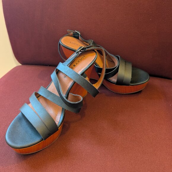 Lucky Brand Charcoal Gray Marina Wooden Wedge Sandals - Picture 1 of 5